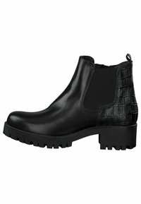 Bottes noires en cuir à la cheville avec une semelle épaisse texturée, des panneaux latéraux en elastic et un accent en relief croco sur le talon.