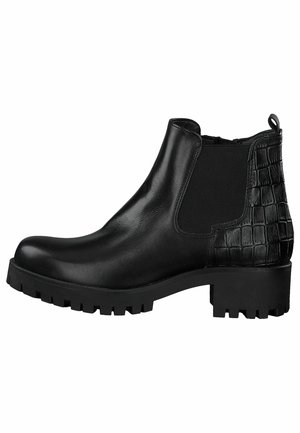 Bottes noires en cuir à la cheville avec une semelle épaisse texturée, des panneaux latéraux en elastic et un accent en relief croco sur le talon.