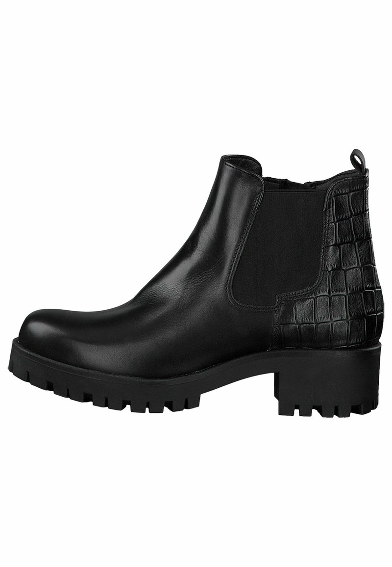 Bottes noires en cuir à la cheville avec une semelle épaisse texturée, des panneaux latéraux en elastic et un accent en relief croco sur le talon.