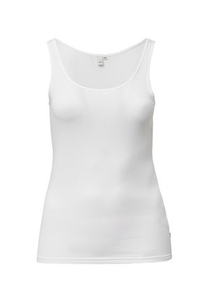 Biała bawełniana koszulka bez rękawów z okrągłym dekoltem, dopasowana. Prosty wzór o gładkiej fakturze i minimalnych detalach.