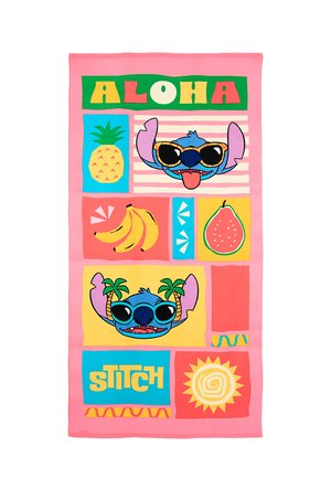 Pink towel with "ALOHA" text, two Stitch characters wearing sunglasses, pineapple, bananas, guava, and a yellow sun design.