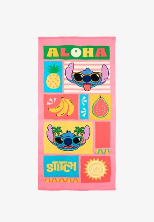 Pink towel with "ALOHA" text, two Stitch characters wearing sunglasses, pineapple, bananas, guava, and a yellow sun design.