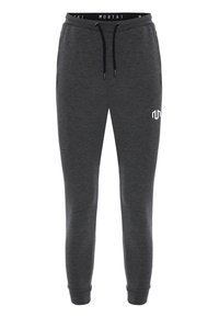 Szürke melegítőnadrág húzózsinórral az övnél, gumis bokákkal és fehér logó részlettel a combon. Puha, texturált anyagból készült.