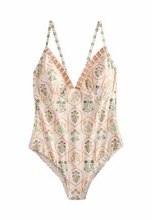 Costume intero con spalline sottili, scollatura profonda a V rifinita con reticolo rosa e motivo floreale in morbide tonalità pastello su sfondo chiaro.