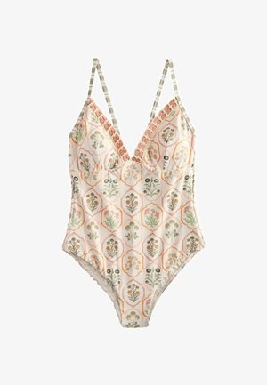 Viena dalis maudymosi kostiumėlis su plonais petnešėliais, gilus V formos iškirptė su rausvomis tinklinėmis detalėmis ir gėlių raštu švelnių pastelių atspalviais ant šviesaus fono.