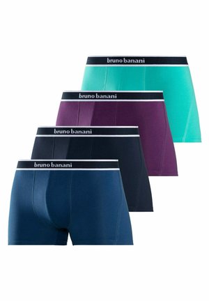 Male torso wearing fitted navy blue boxer briefs with black waistband featuring "bruno banani" logo in white text.