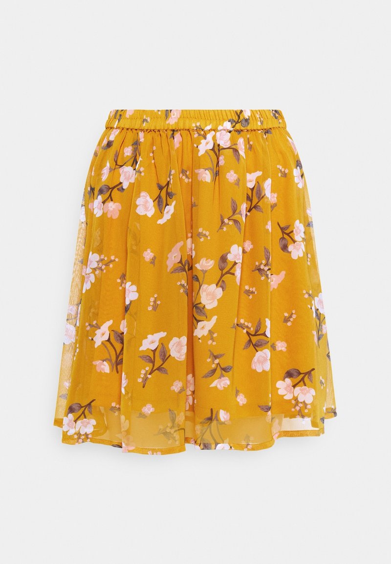 Jupe jaune moutarde avec motifs floraux roses et marron, taille élastique froncée et tissu fluide semi-transparent à plusieurs couches.