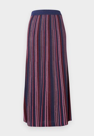 Falda maxi con rayas verticales en tonos azul marino, rosa y rojo, que presenta una ancha cinturilla elástica.