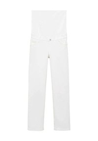 Jeans in denim bianco con un design classico a gamba dritta, stile a cinque tasche e chiusura con bottone con accenti di cucitura visibili.
