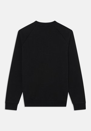 Črna sweatshirt s raglan rokavi, okroglim ovratnikom in rebrastim robom. Narejena iz mehke, teksturirane tkanine. Enostaven dizajn brez vidnih logotipov.