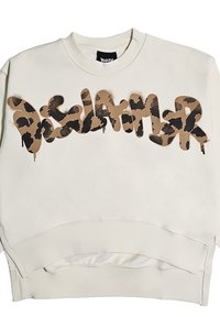 Felpa color beige chiaro con una grafica decorativa a stampa leopardata nei toni marrone e nero, dal taglio rilassato e con polsini a coste.