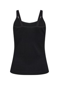 Sort ærmeløs tanktop med tynde stropper, lavet af et glat, let materiale. Har en tætsiddende pasform og en lige kant.