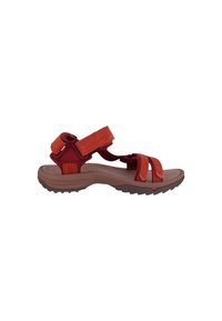 Red outdoor sandal featuring a padded strap design, adjustable Velcro closures, and a textured brown rubber sole for grip.