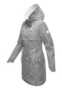 Light grey waterproof jacket with a hood, drawstring waist, front pockets, and snap buttons, featuring a white inner lining and logo patch.