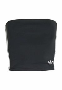 Čierny bezramienkový crop top s bielymi bočnými pruhmi a malým logom na spodnej strane. Hladká tkanina s priliehavým strihom.