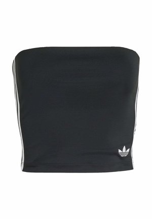 Čierny bezramienkový crop top s bielymi bočnými pruhmi a malým logom na spodnej strane. Hladká tkanina s priliehavým strihom.