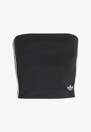 Czarny gorsetowy top bez ramiączek z białymi paskami po bokach i małym logo na dole. Gładki materiał o dopasowanym kroju.