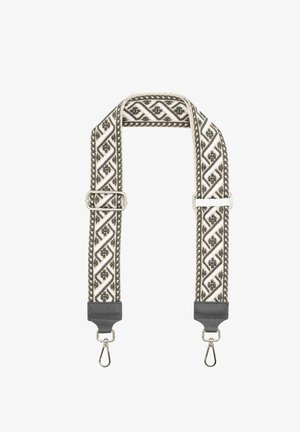 Gewebtes Band in Beige und Grau mit einem Zickzackmuster, ausgestattet mit silberfarbenen Beschlägen und Lederenden zur Befestigung.