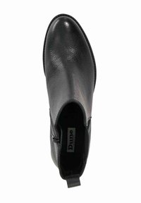 Black leather ankle boot with a textured finish, featuring a side zipper, rounded toe, and a tab at the back for easy wear.