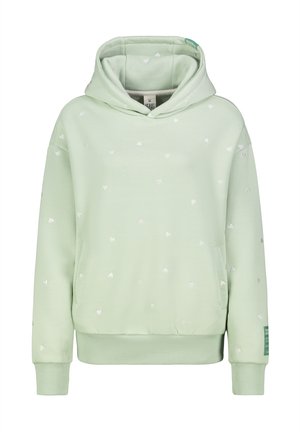 Mint green hoodie with a kangaroo pocket, white heart patterns, ribbed cuffs and hem, and a drawstring hood.