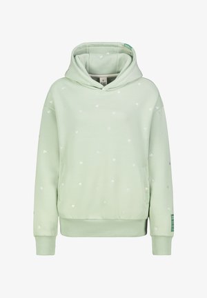 Mint green hoodie with a kangaroo pocket, white heart patterns, ribbed cuffs and hem, and a drawstring hood.