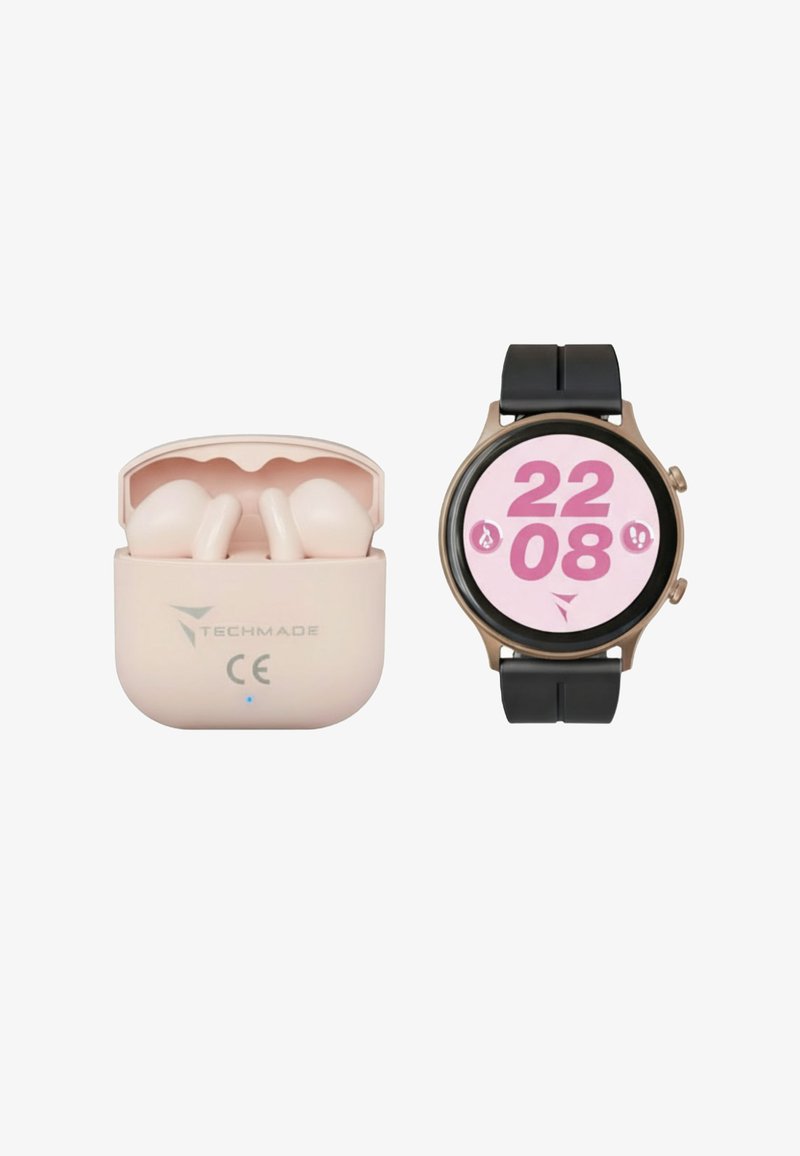 Auricolari wireless in una custodia rosa accanto a uno smartwatch nero con quadrante rotondo, display rosa e visualizzazione digitale dell'ora.