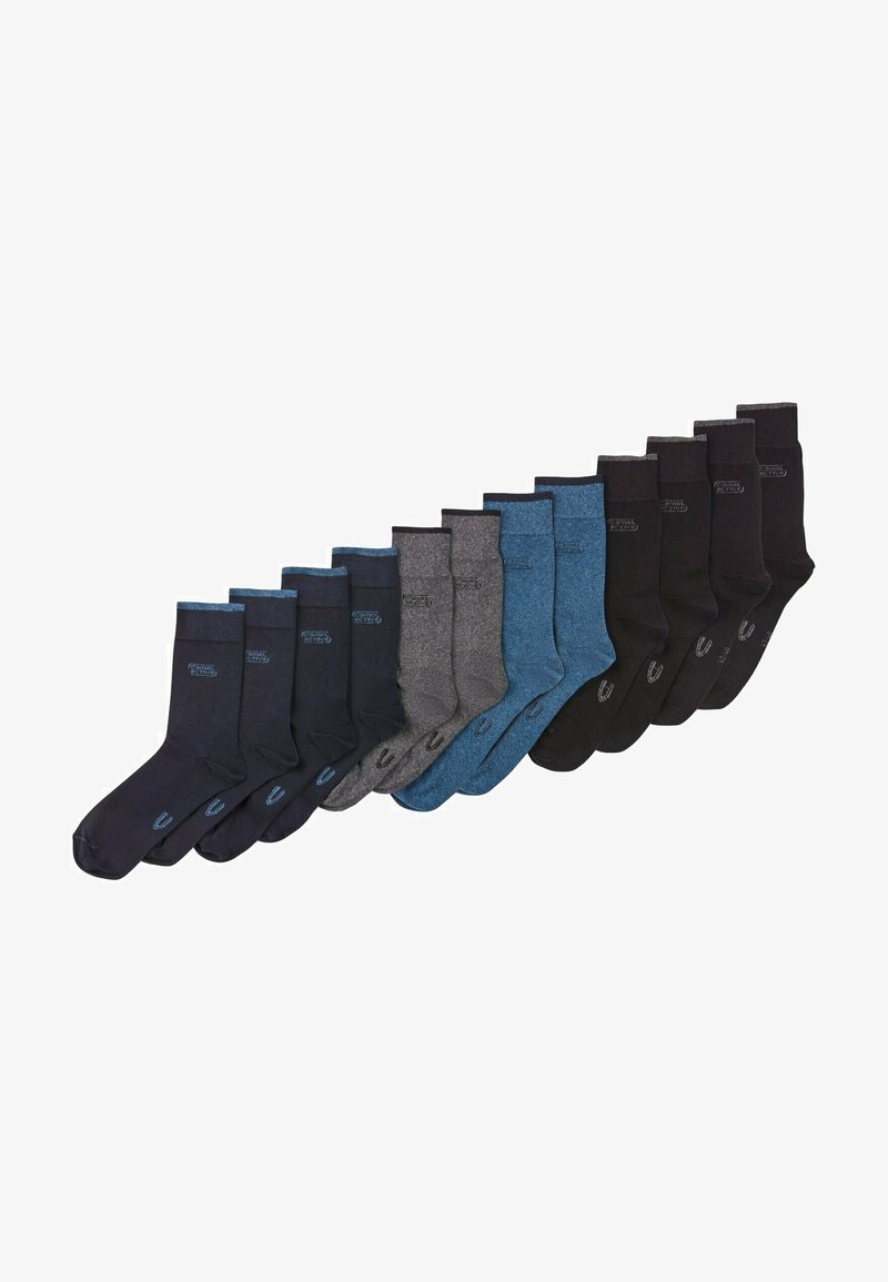 Twelve pairs of crew-length socks in dark colors: navy, grey, black, and teal. Soft material with contrasting cuffs and subtle branding.