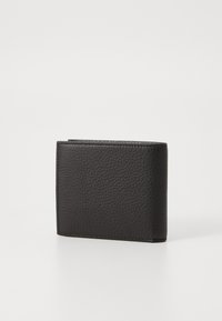 Black leather wallet with a textured finish, bi-fold design, and clean edges. Compact shape suitable for cards and cash storage.