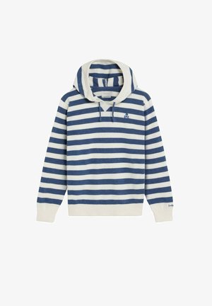 Sudadera con capucha de manga larga de rayas azul marino y blancas con cordones frontales y pequeño logo de calavera en el pecho, puños y dobladillo acanalados.