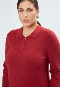 Maglione rosso a maglia con un motivo a losanghe, colletto e chiusura con un solo bottone al collo. Include maniche lunghe.