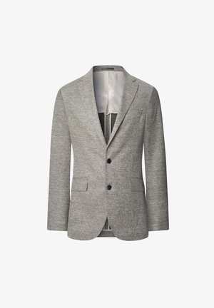 Grijs gestoffeerd blazer met notch lapels, twee zwarte knopen, twee voorzakken en een gladde binnenvoering. Slim fit.