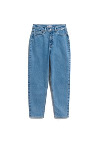 Blaue High-Waist-Jeans mit geradem Bein, Vordertaschen, Gürtelschlaufen und Knopf- mit Reißverschluss auf weißem Hintergrund.