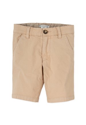 Pantalones cortos de algodón beige con corte recto, cierre de botón y bolsillos laterales. Presentan costuras limpias y un diseño sencillo.