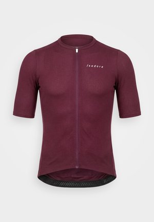 Kurzärmeliges Radsporttrikot in dunklem Weinrot mit durchgehendem Frontreißverschluss und Isadore-Logo auf der linken Brust.