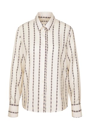 Camicia bianca con motivo a catena navy, maniche lunghe, colletto classico, tessuto morbido, dotata di chiusura frontale a bottoni e dettagli ai polsini.