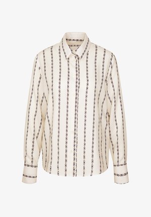 Camicia bianca con motivo a catena navy, maniche lunghe, colletto classico, tessuto morbido, dotata di chiusura frontale a bottoni e dettagli ai polsini.