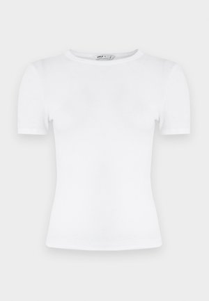 Λευκό εφαρμοστό T-shirt με κοντά μανίκια από ριμπ ύφασμα, με στρογγυλή λαιμόκοψη και λεία υφή.