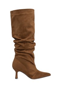 Bruine suède slouchy laarzen tot halverwege de kuit met een spits toelopende neus en een smalle kittenhak.