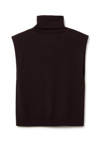 Dunkelbrauner ärmelloser Pullover mit Rollkragen, weicher Textur, tailliertem Design und gerippten Details am Kragen und Saum.