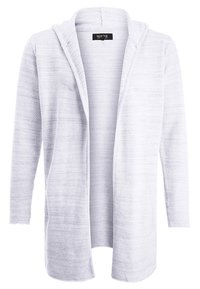 Lysegrå hættecardigan lavet af tekstureret strikstof. Åben front med lange ærmer og en afslappet pasform.