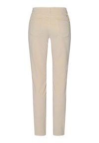 Beige Baumwollhose mit einem taillierten Design, ausgestattet mit zwei Gesäßtaschen und einer glatten Textur. Maßgeschneiderte Beinöffnungen und eine mittelhohe Taille.
