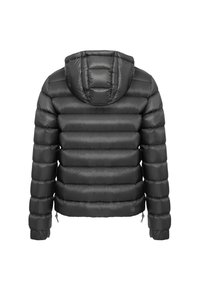 Giacca a vento nera con cappuccio, caratterizzata da sezioni trapuntate, polsini elasticizzati e orlo con cordoncino. Materiale liscio e lucido con dettagli minimi.