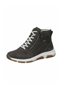 Bottines en cuir gris foncé avec lacets blancs, fermeture éclair sur le côté et semelle en caoutchouc. Présente des panneaux texturés et un détail de logo sur le talon.