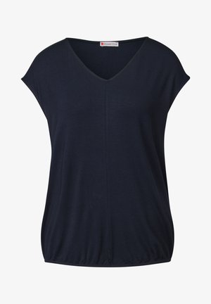 Marineblaue kurzärmlige Bluse mit V-Ausschnitt, lässiger Passform und elastischem Saum von Street One.