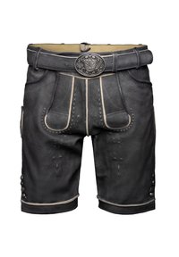 Black leather shorts featuring intricate embroidery, a decorative silver buckle, and accent buttons on the sides. Textured matte finish.