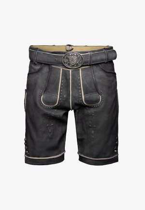 Pantaloni short in pelle nera con ricami intricati, una fibbia decorativa argentata e bottoni decorativi sui lati. Finitura opaca e testurizzata.