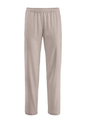 Light beige pants with white vertical pinstripes, elastic waistband, straight leg cut, displayed on a white background.
