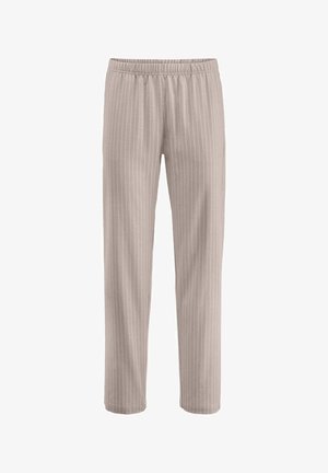 Helle beigen Hosen mit weißen vertikalen Nadelstreifen, elastischem Bund und geradem Beinanschnitt, auf einem weißen Hintergrund präsentiert.
