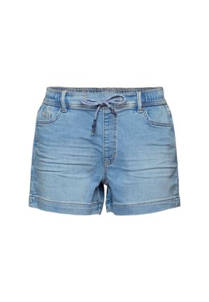 Lyseblå denimshorts med elastisk talje og snøre, forlommer og opsmøgede kanter.