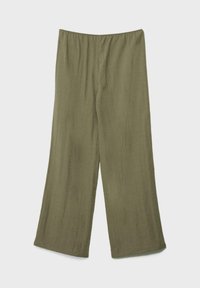 Olivgrüne Marlenehose mit elastischem Bund, aus leichtem, strukturiertem Stoff gefertigt.